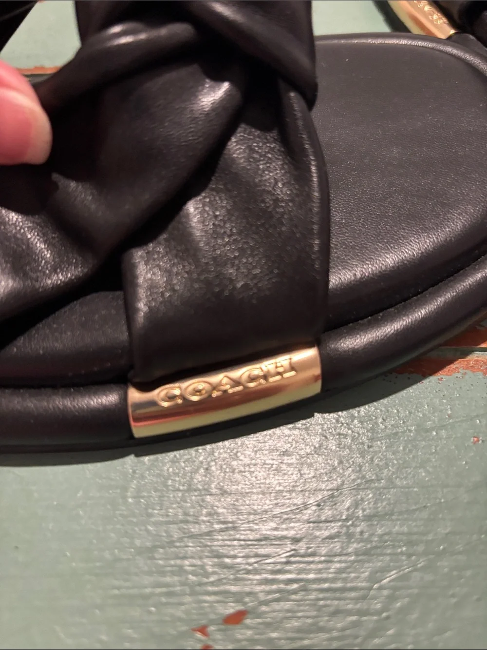 NWOT Coach Black Knotted Leather Slide Sandals with Gold Accents - Women